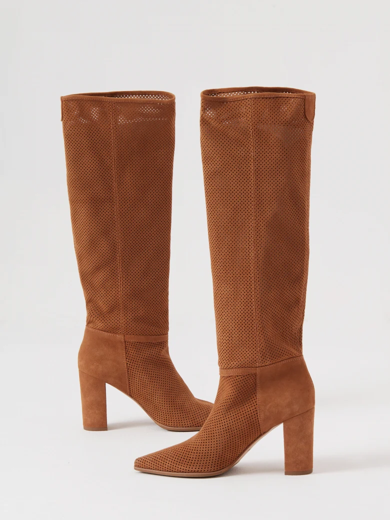 Brown suede boots with openwork upper