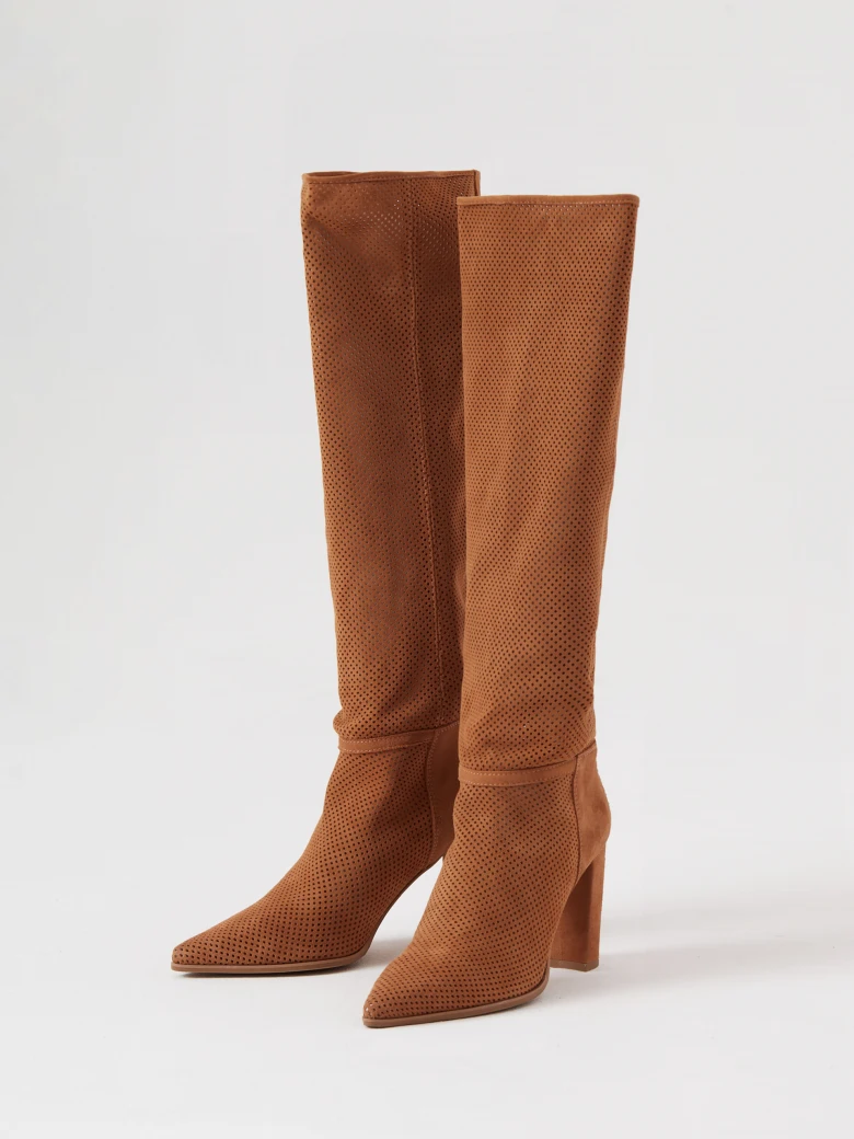 Brown suede boots with openwork upper