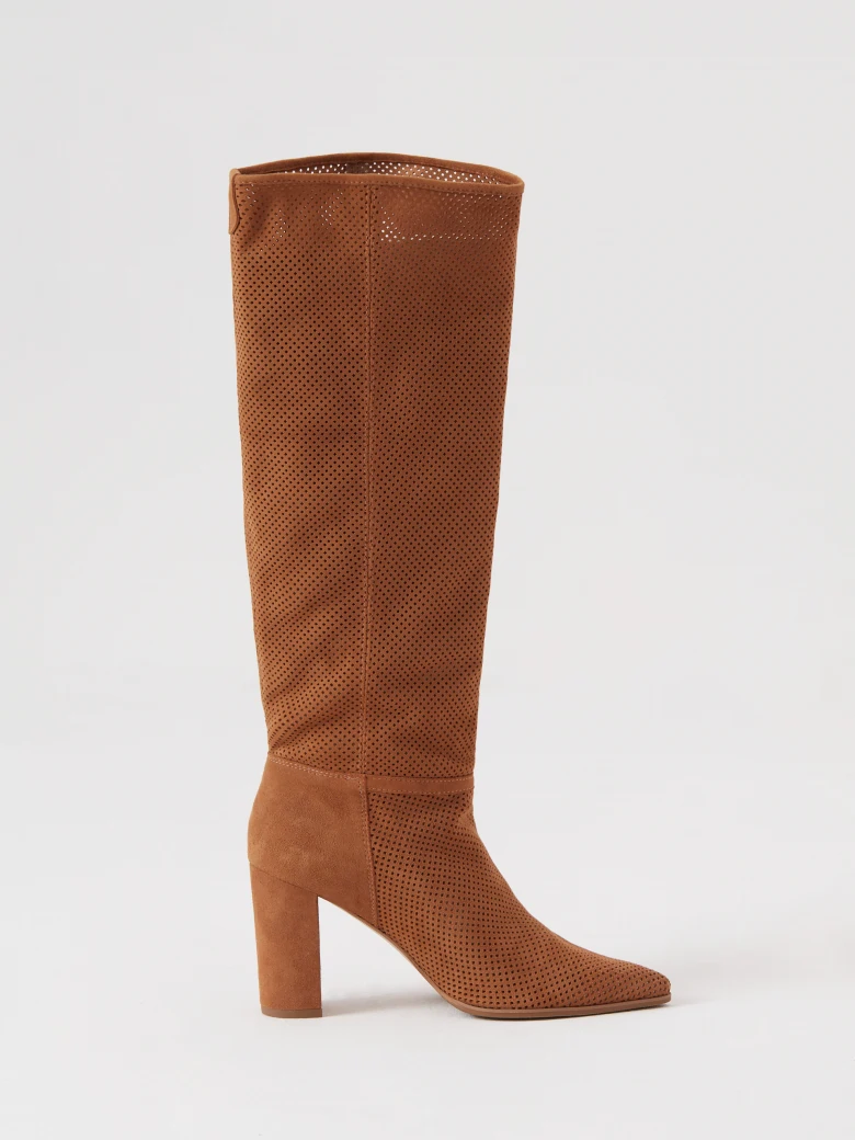 Brown suede boots with openwork upper