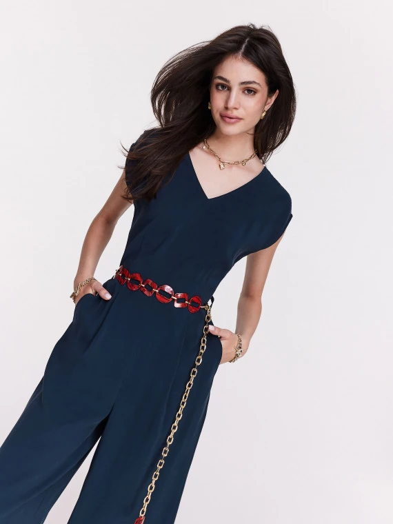 Navy blue jumpsuit with V neckline