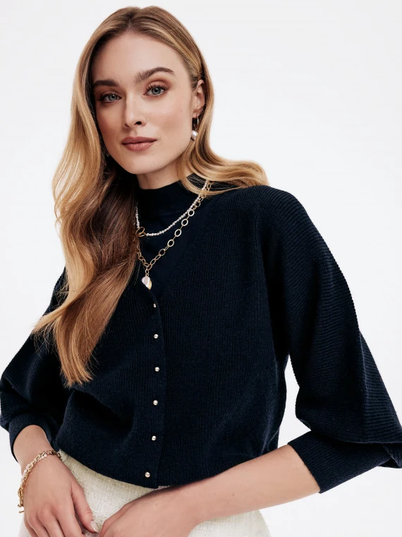 Navy blue cardigan with buff sleeves