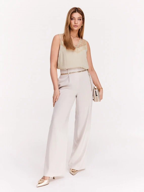 Beige satin top with lace inserts