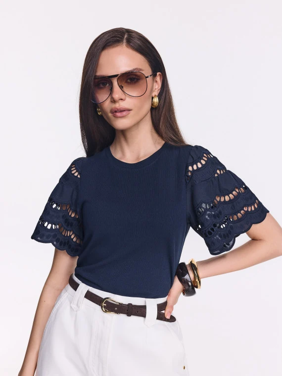 Navy blue blouse with openwork puff sleeves