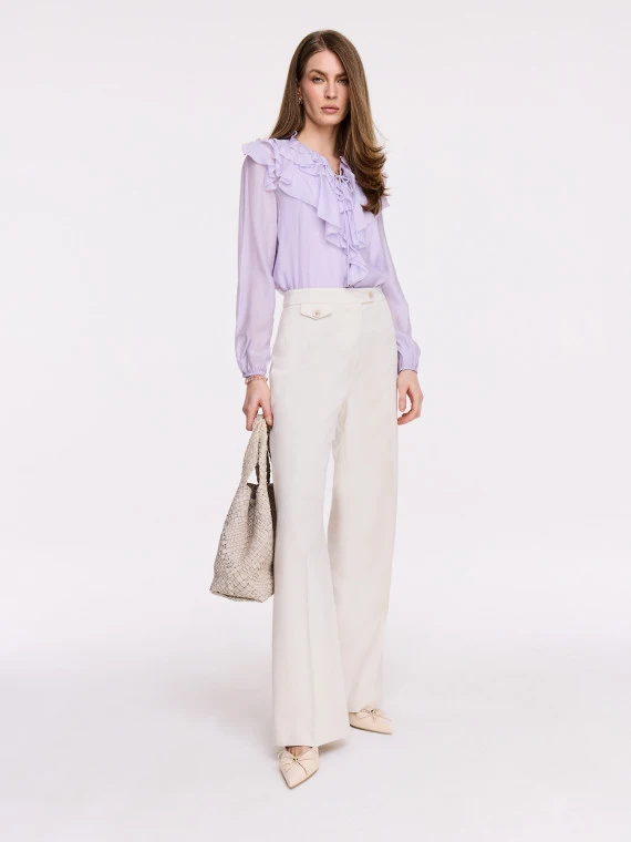 Lilac rayon blouse with puffed sleeves and jabot
