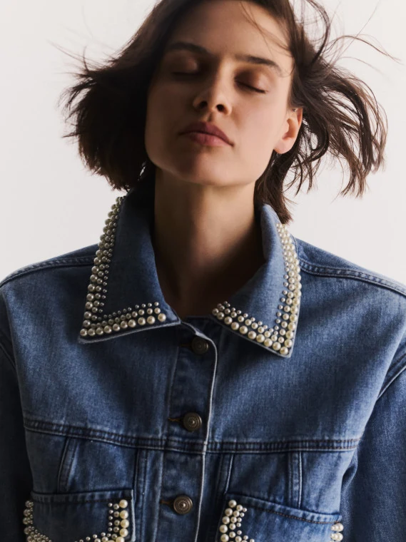 Blue denim jacket with pearl beads