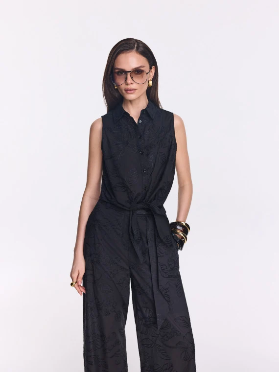 Black sleeveless shirt with floral embroidery