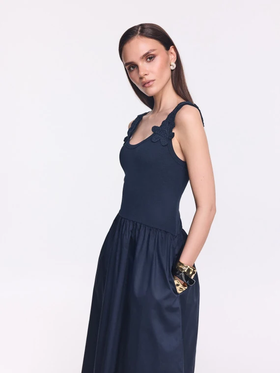 Navy blue midi dress with decorative straps