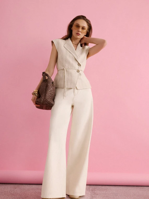 Cream wide-leg denim pants