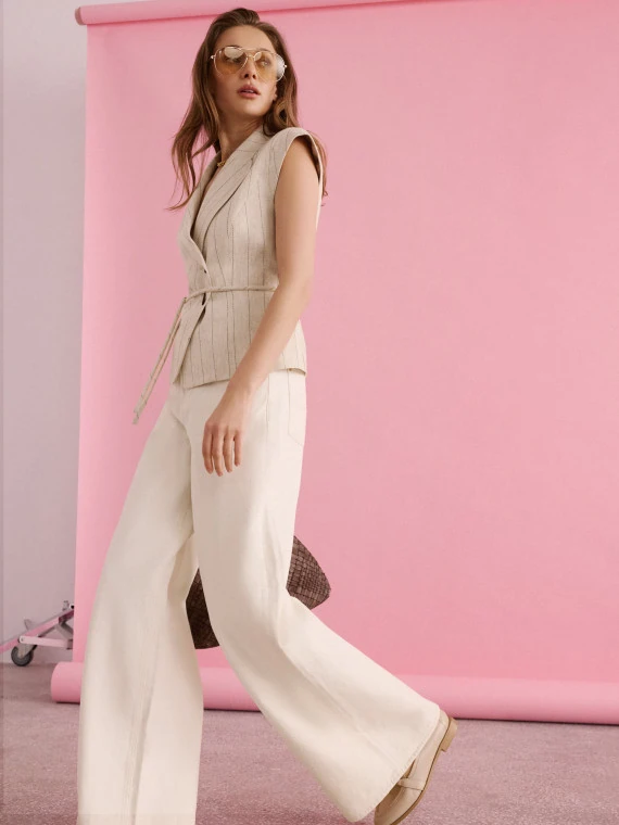 Cream wide-leg denim pants