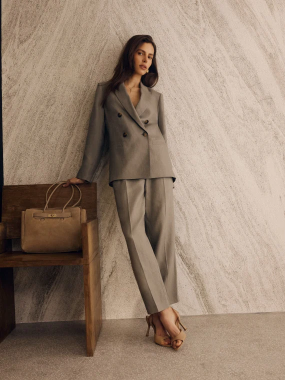 High-waisted khaki linen suit trousers