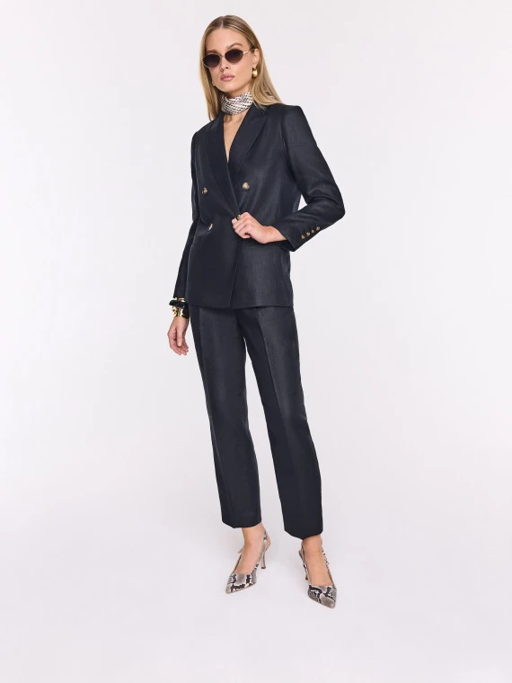 High-waisted black linen suit trousers