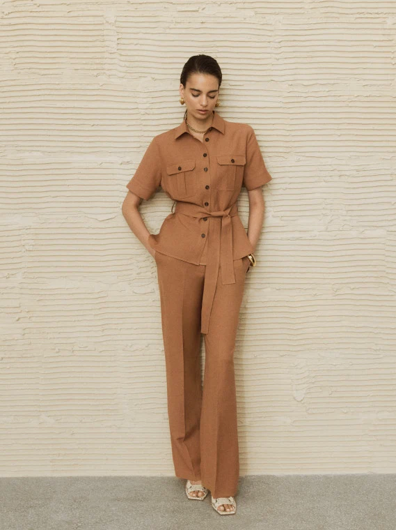 Caramel-colored wide-leg pants with linen