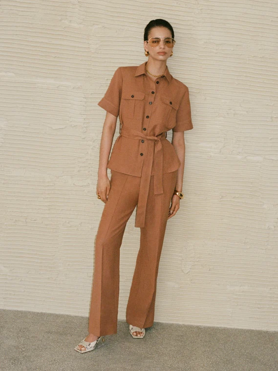 Caramel-colored wide-leg pants with linen