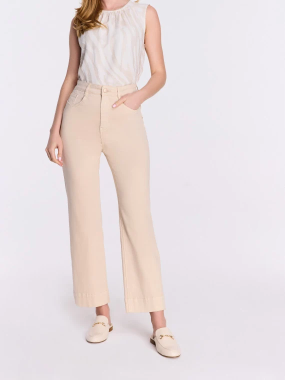 Beige high-waisted cotton denim pants