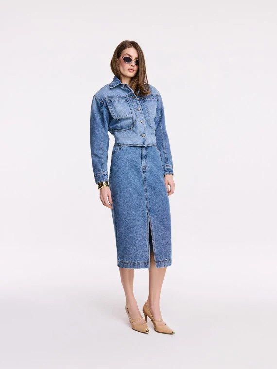 Fitted denim midi skirt