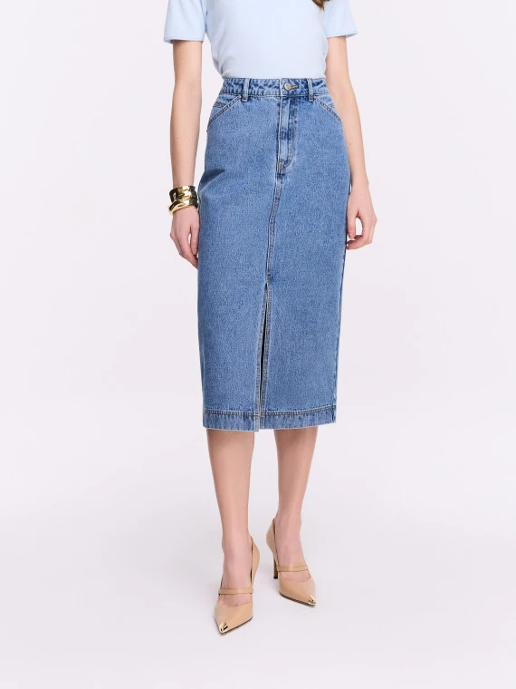 Fitted denim midi skirt