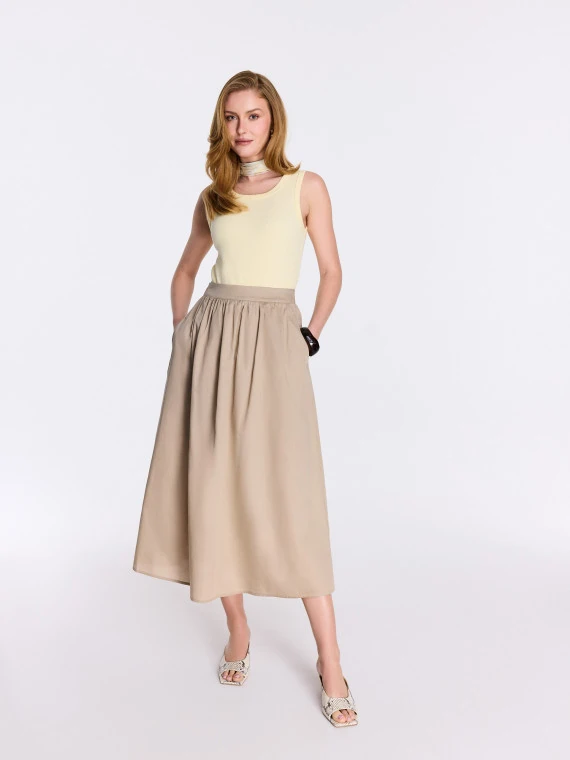 Beige high-waisted cotton midi skirt