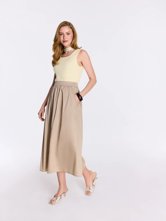 Beige high-waisted cotton midi skirt