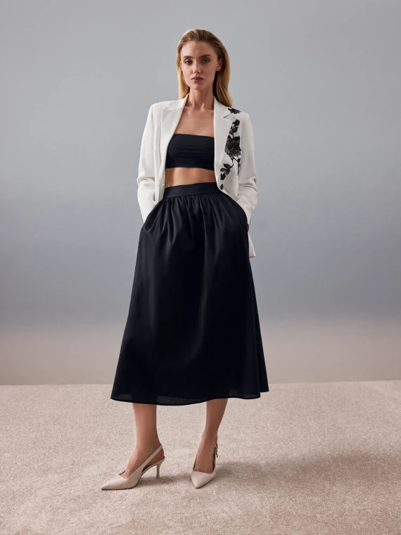 Black cotton high-waisted midi skirt