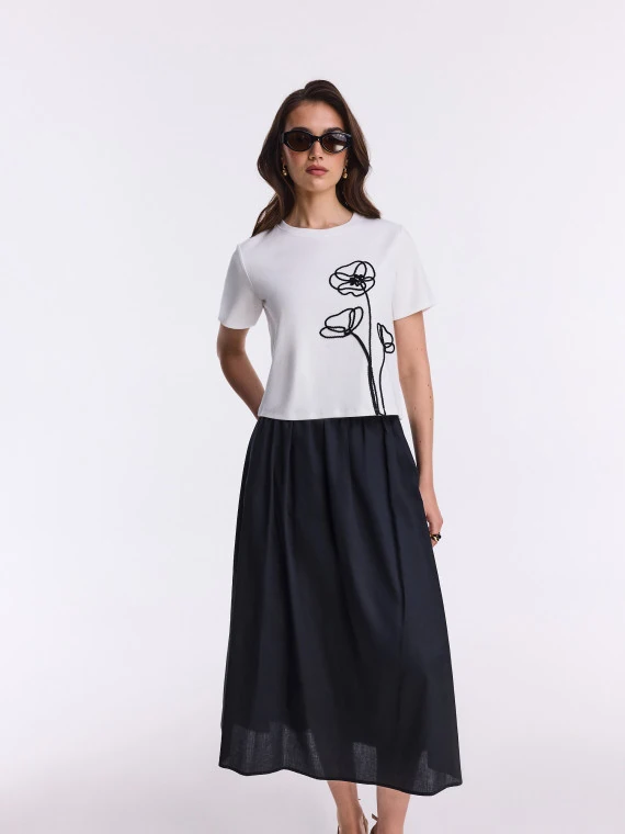 Black cotton high-waisted midi skirt