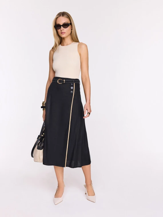 Black midi skirt with beige piping and belt