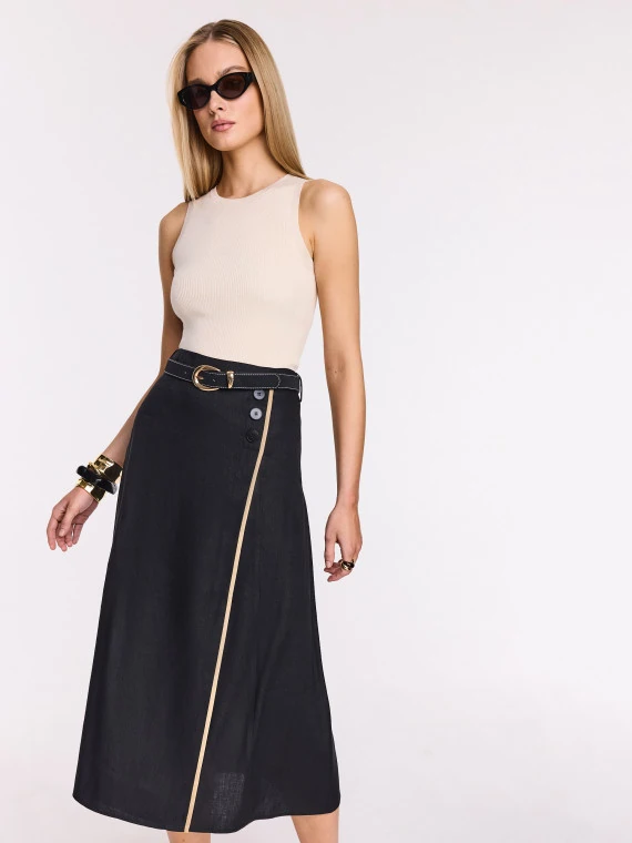 Black midi skirt with beige piping and belt