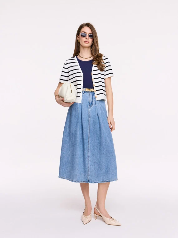 High-waisted denim midi skirt