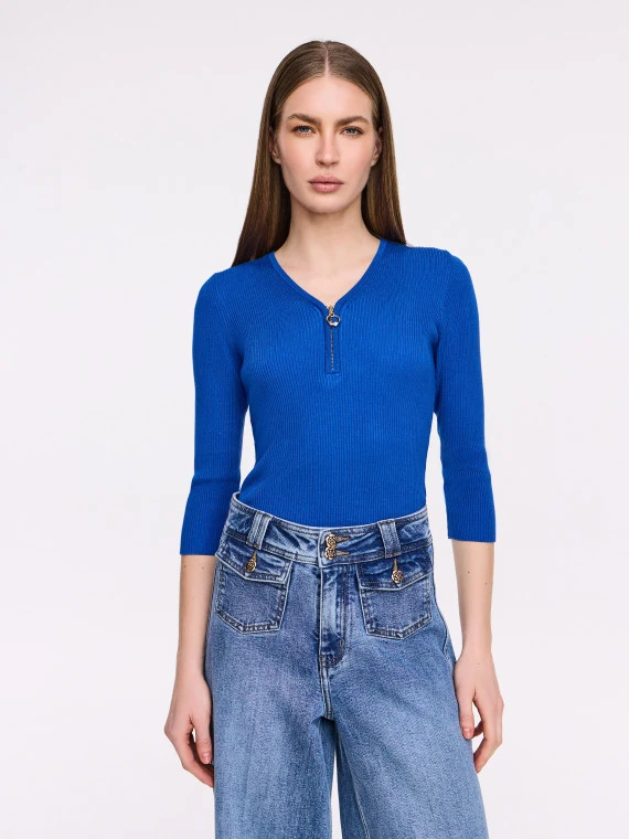 Cobalt rib knit sweater with zipper