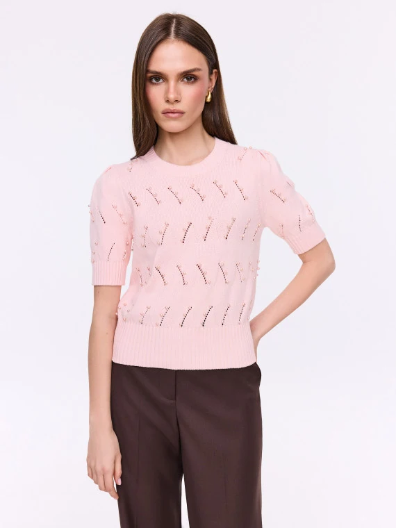 Openwork short-sleeved sweater in pink