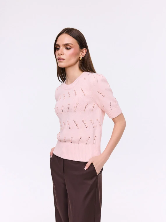 Openwork short-sleeved sweater in pink