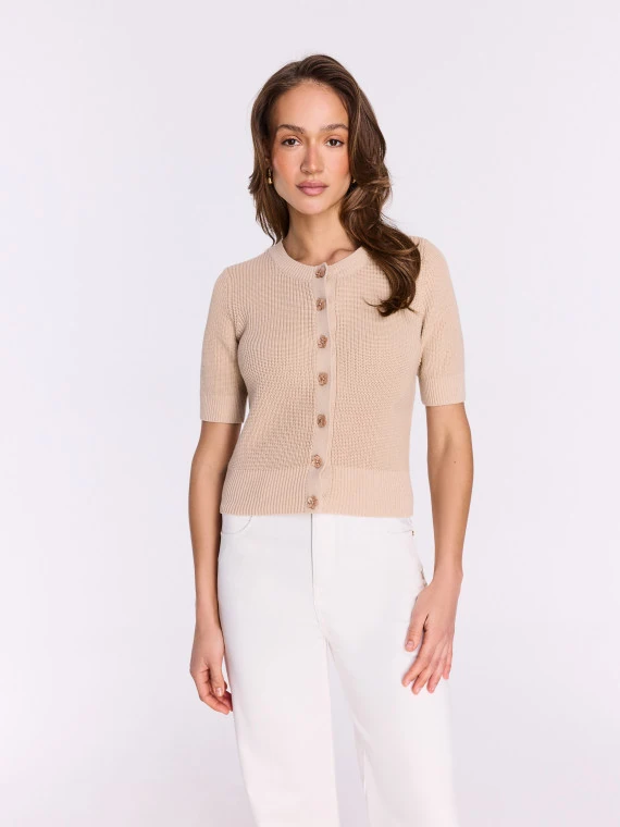 Beige short-sleeved button-down sweater