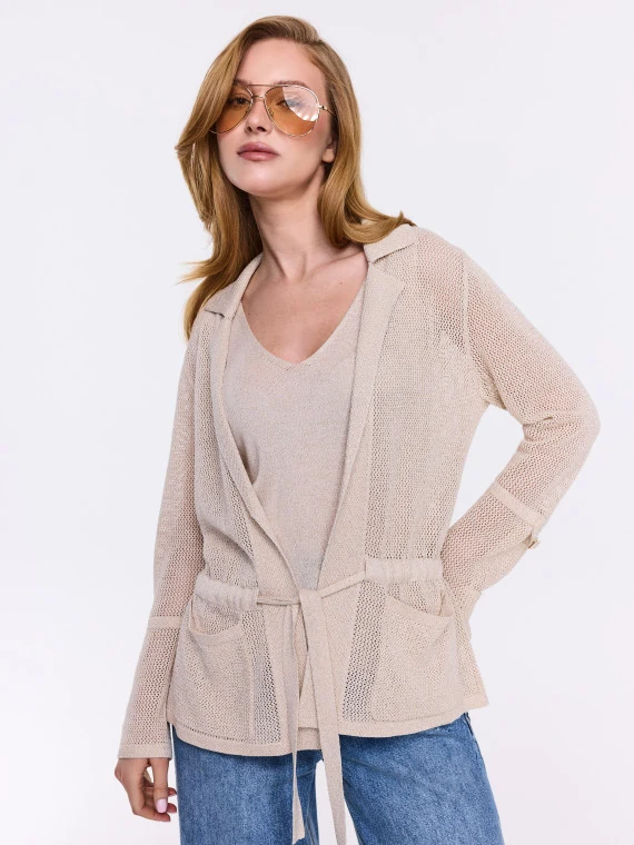 Mesh-knit cardigan with a tie at the waist