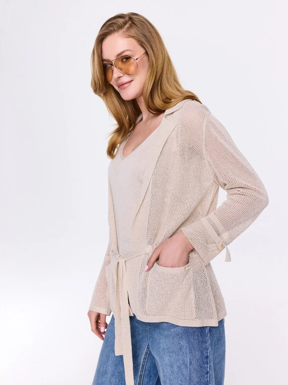Mesh-knit cardigan with a tie at the waist