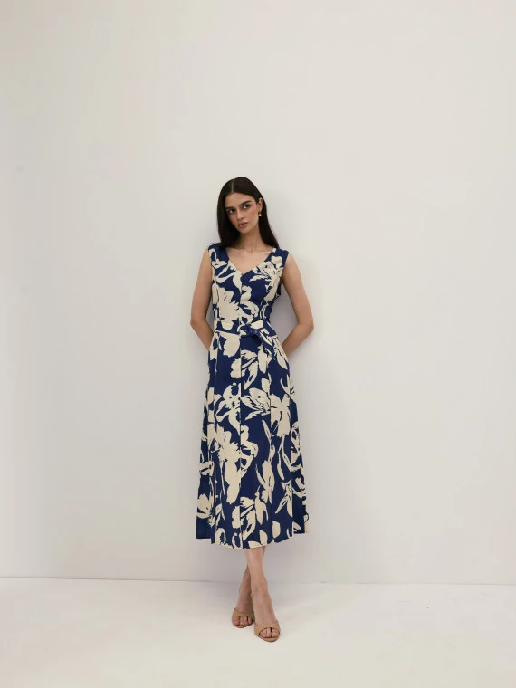 A navy blue midi dress with white flowers