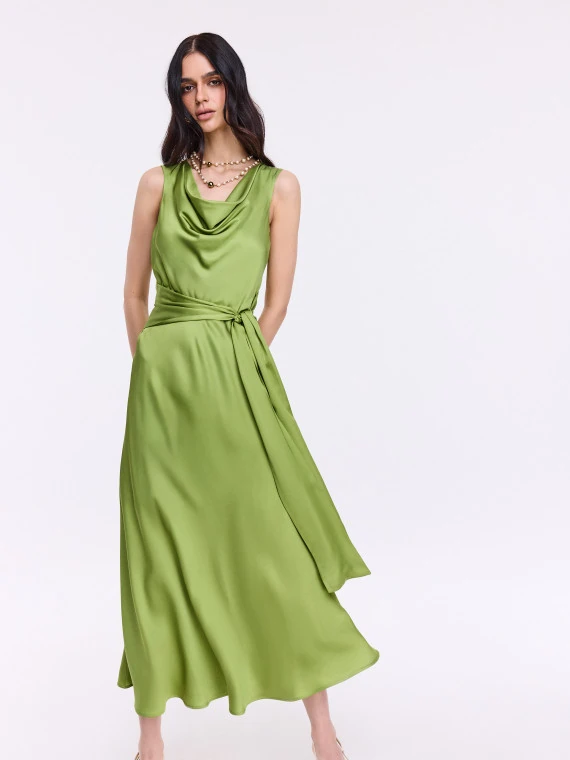 Green satin dress with sash