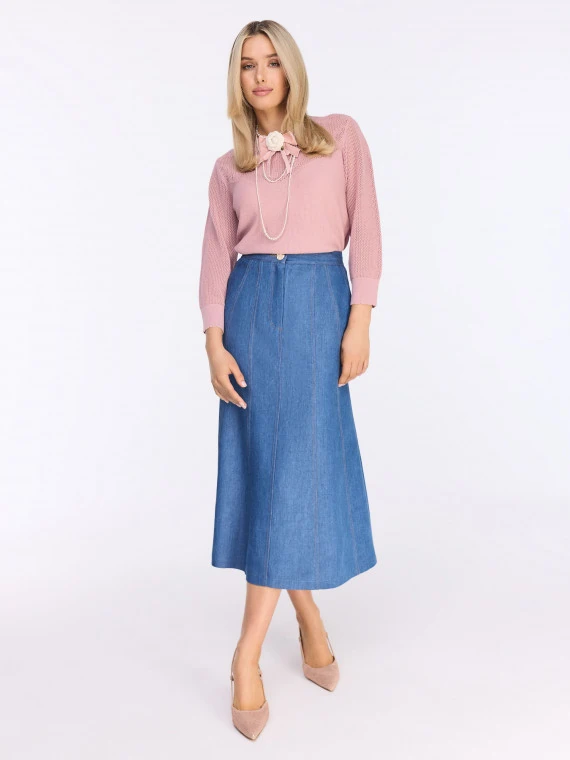 Denim midi skirt with high waist