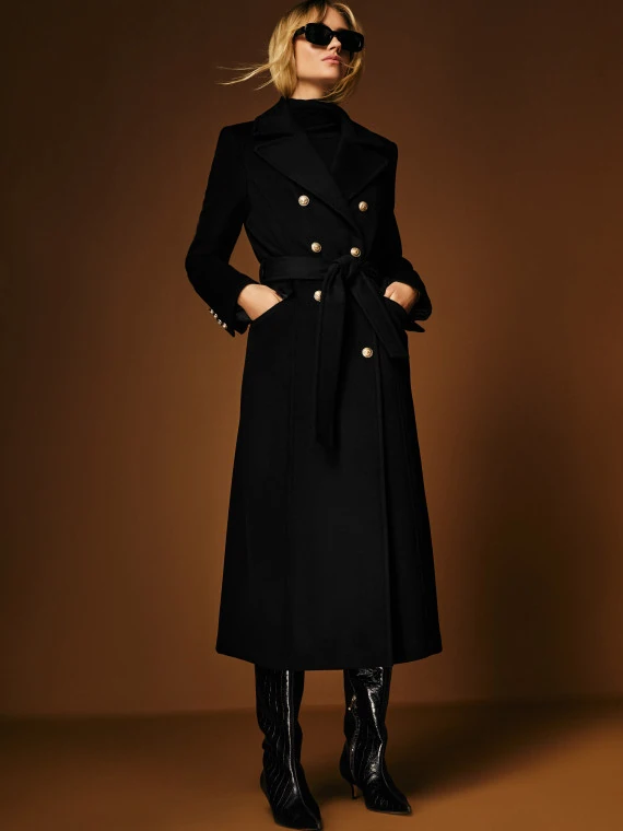 Black double-breasted wool coat