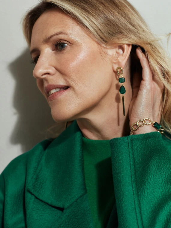 Earrings with green glass crystals