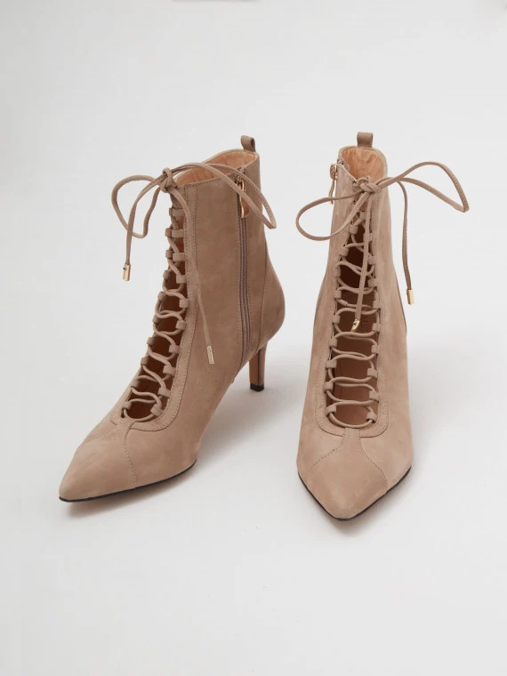 Lace-up ankle boots in beige suede leather