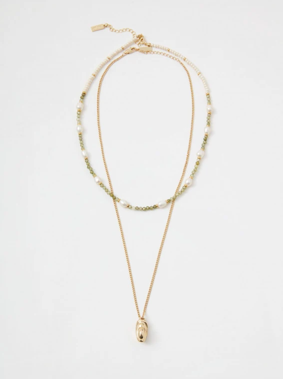 Double gold-plated necklace with pendant and green stones