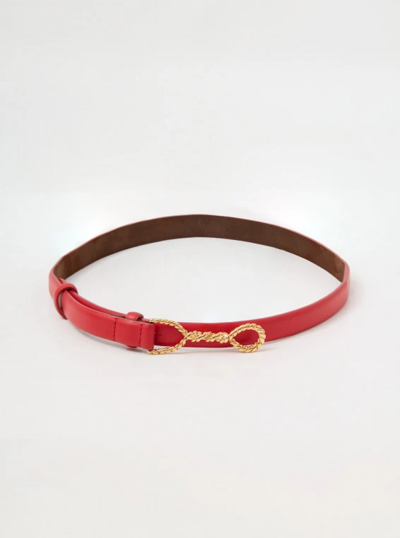 Red bombato leather belt with decorative buckle