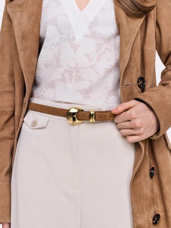 Brown narrow leather belt with decorative buckle