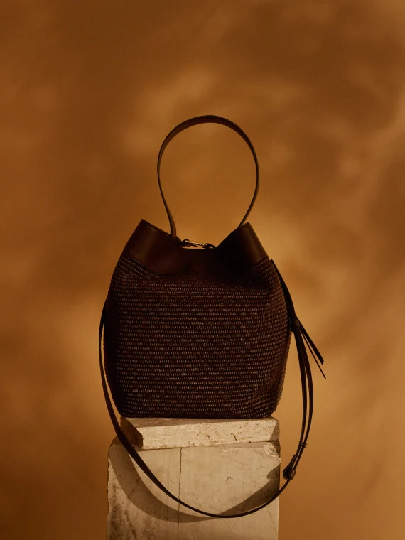 Chocolate-colored leather bucket bag