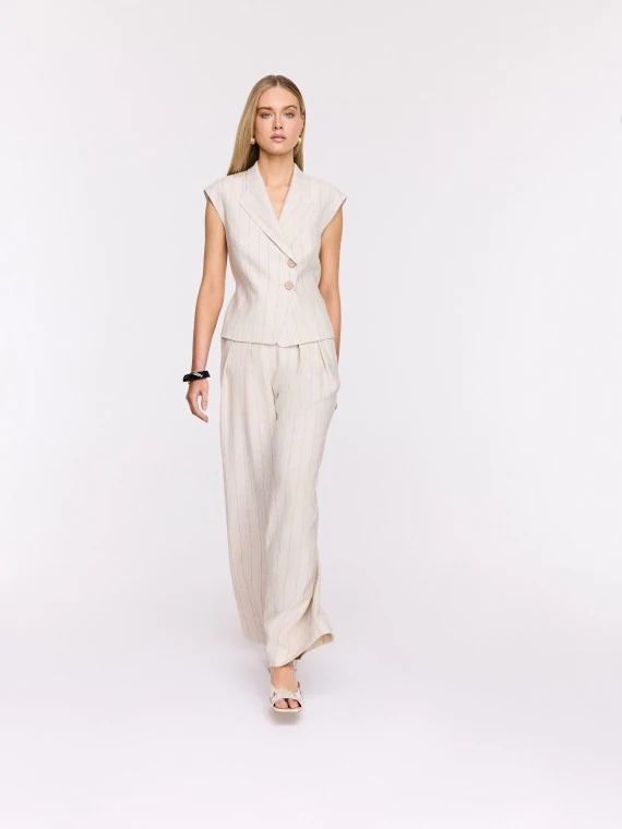 Light beige high-waisted ribbed trousers