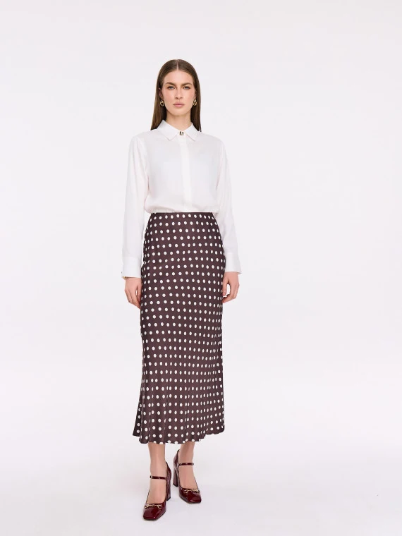 Brown midi skirt with polka dots made of satin viscose