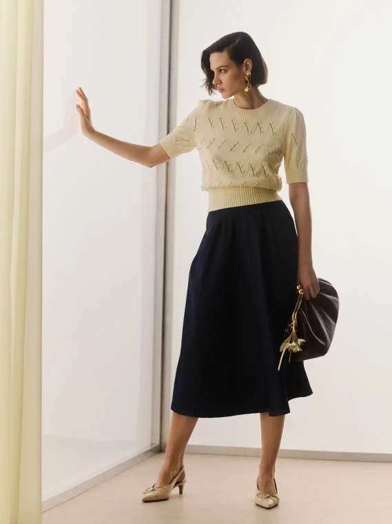 High-waisted denim midi skirt