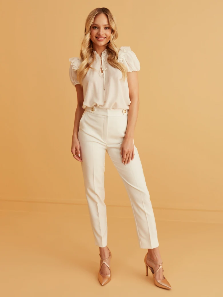 WHITE CIGARETTE PANTS WITH GOLDEN BUTTONS