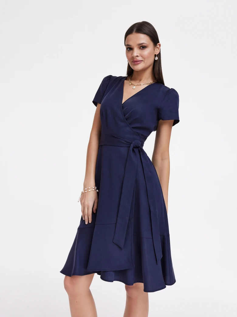 Navy blue dress with envelope neckline
