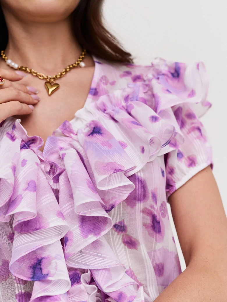 Airy blouse with jabot in purple flowers