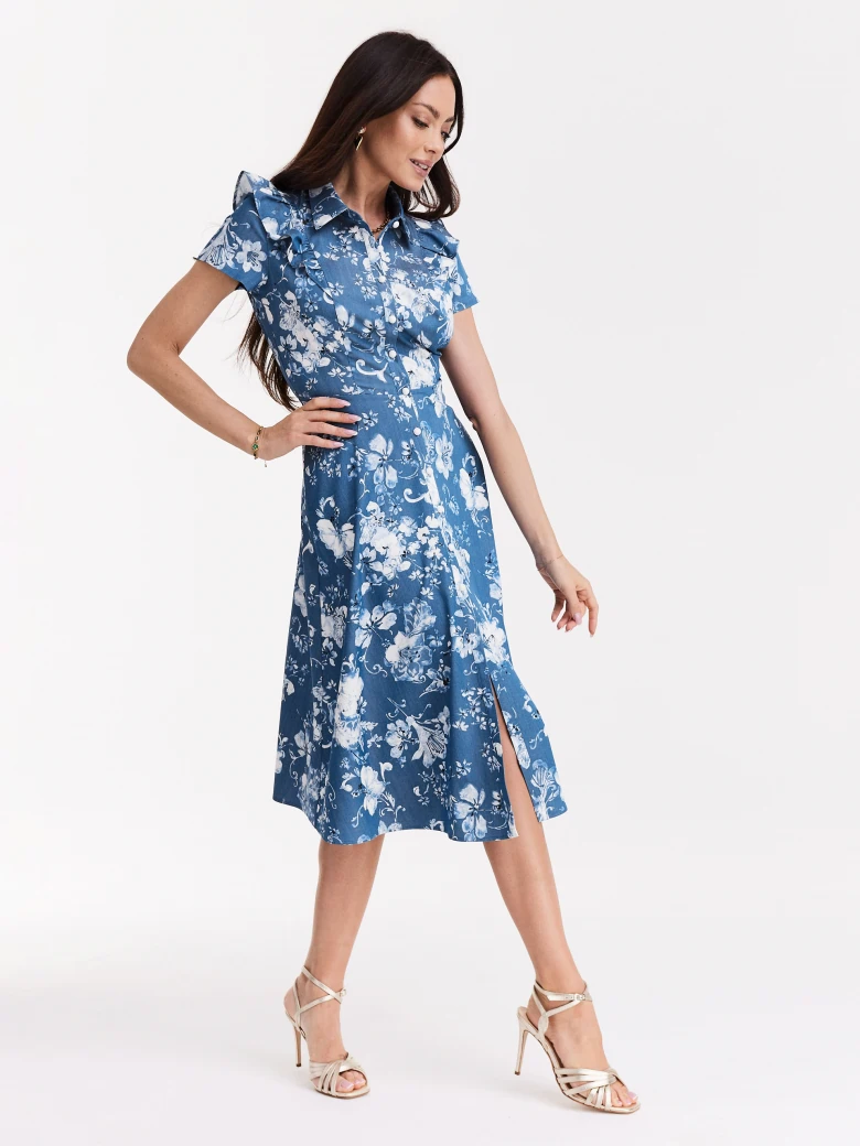 Blue emery type dress with white floral pattern